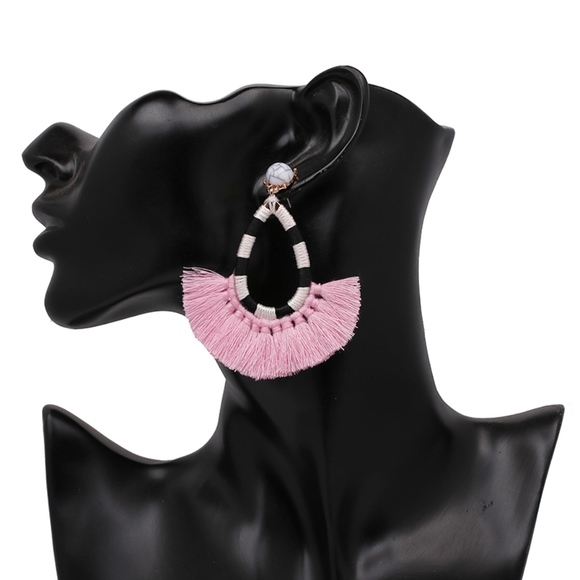 Black white Hoop Pink Fringe Marble Stud Earrings - Picture 2 of 3